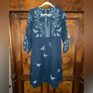 GUC Johnny Was- Lulu Butterfly Embroidered Navy Blue Dress. Size S